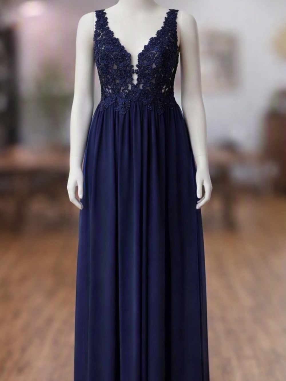 Sherri Hill Navy Lace Appliqué V-Neck Maxi Gown